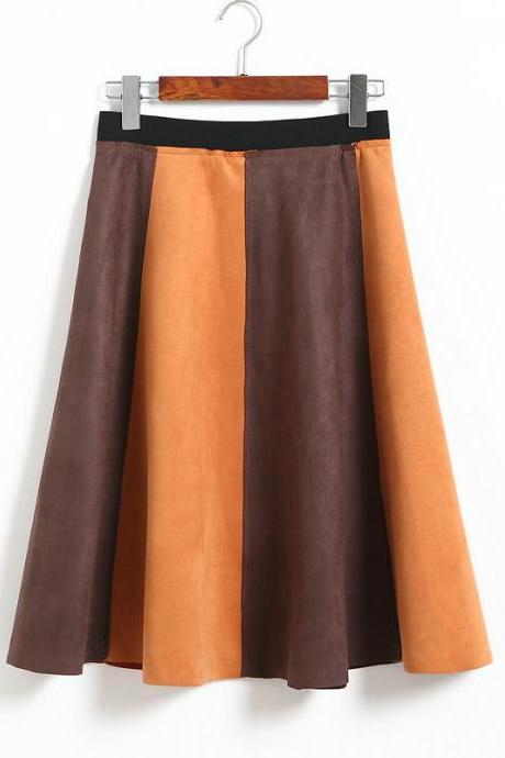 Retro Patchwork High Waisted A-Line Skirt - khaki