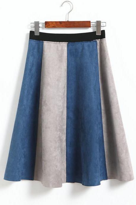 Retro Patchwork High Waisted A-Line Skirt - Blue