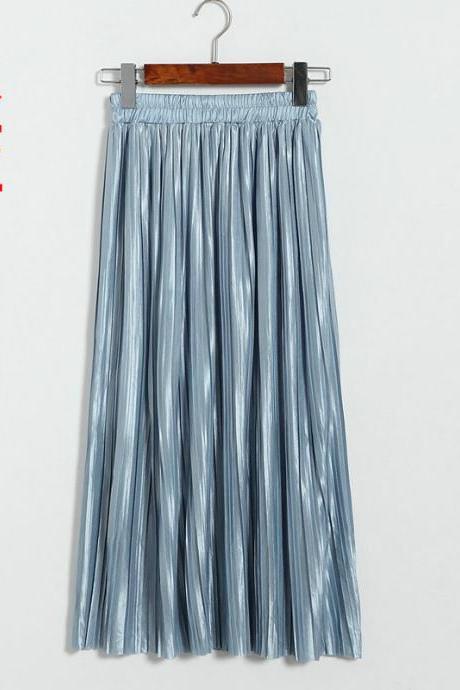 New Long Autumn Women Solid Pleated Skirt - Light Blue