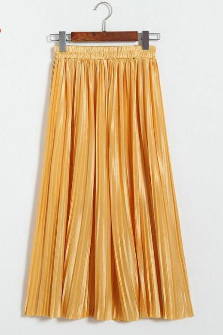 Long Autumn Women Solid Pleated Skirt - Yellow