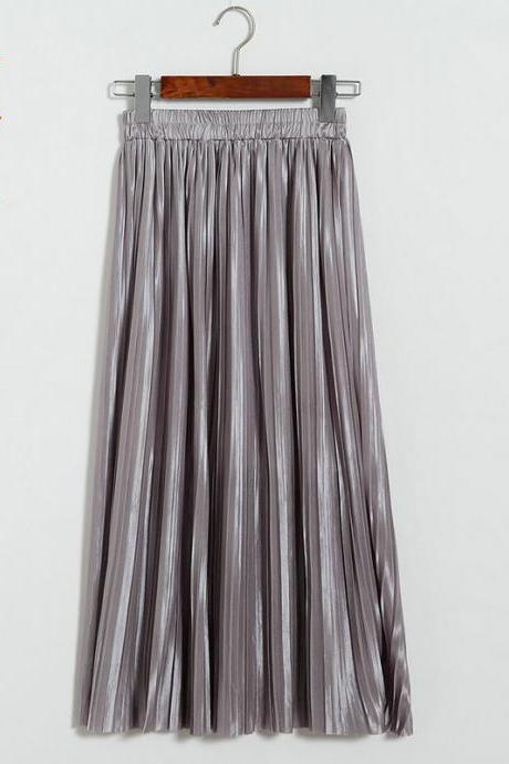 New Long Autumn Women Solid Pleated Skirt - Grey