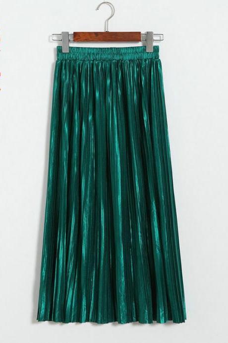 Long Autumn Women Solid Pleated Skirt - Green