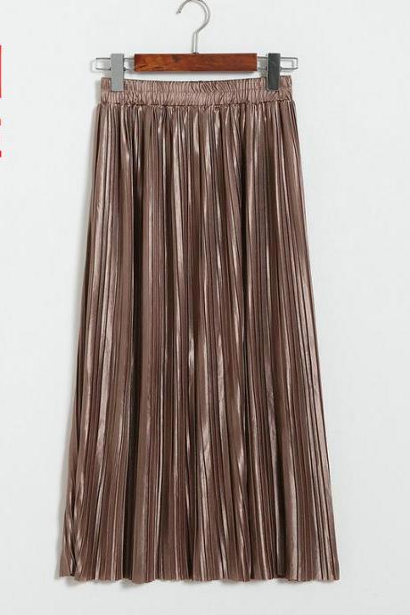 New Long Autumn Women Solid Pleated Skirt - Coffee