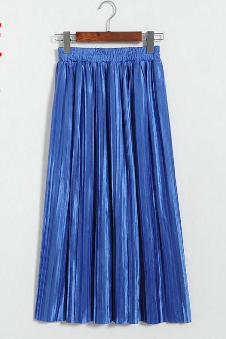 New Long Autumn Women Solid Pleated Skirt - Blue