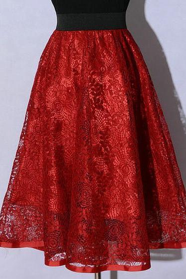 New Hollow Lace A Line Skirt - Red