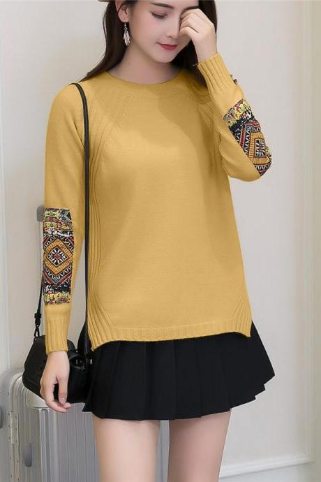 Women Fashion Round Neck Patchwork Sleeve Knitted Pullover Sweater Coat - Khaki