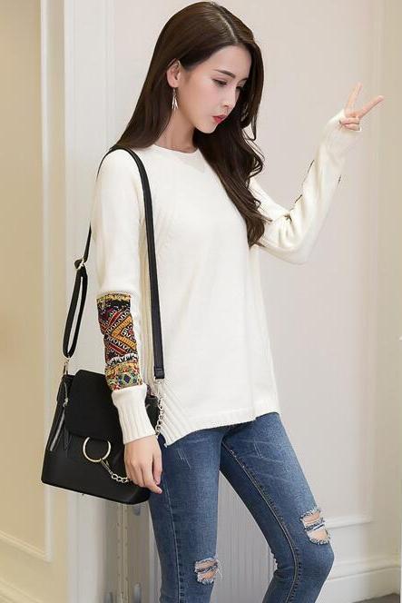 Women Fashion Round Neck Patchwork Sleeve Knitted Pullover Sweater Coat - White