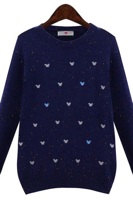Cute Navy Blue Knitted Round Neck Sweater