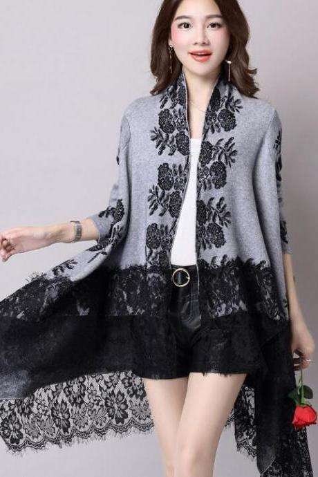 New Fashion Autumn Winter Printing Loose Casual Lace Cardigan - Grey