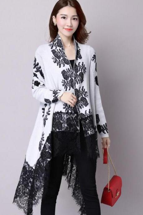 New Fashion Autumn Winter Printing Loose Casual Lace Cardigan - White