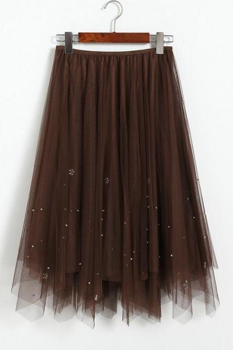 Elegant Beading High Waist Skirt - Coffee