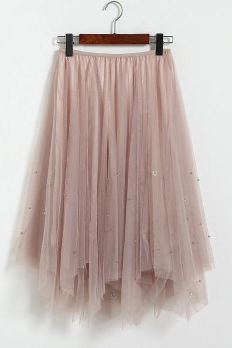 Elegant Beading High Waist Skirt - Beige