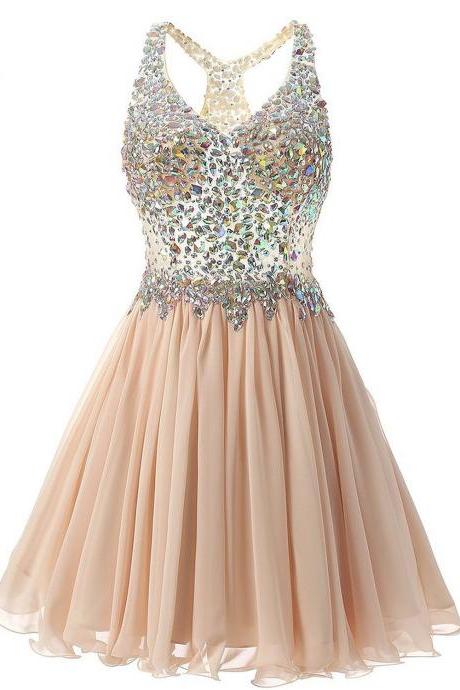 Luxurious V Collar Beads Sleeveless Party Short Dress - Champagne