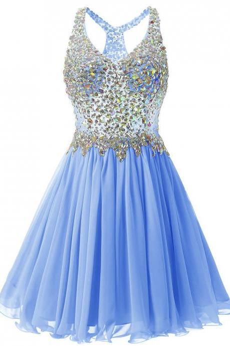 Luxurious V Collar Beads Sleeveless Party Short Dress - Light Blue