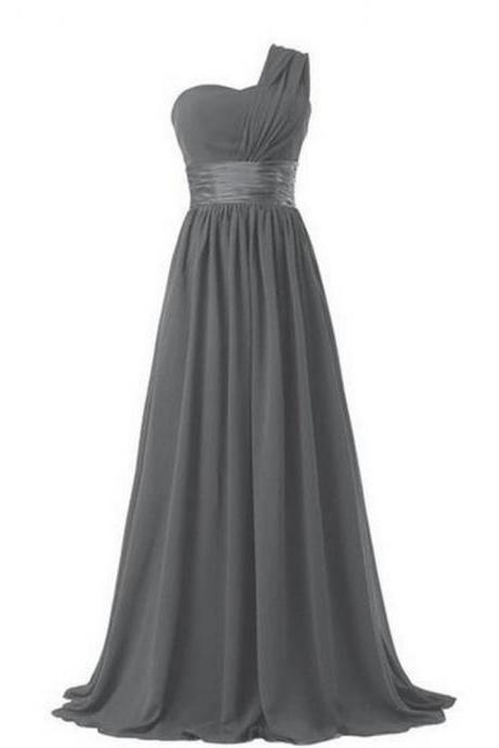 Women Elegant Fashion One Shoulder A Line Chiffon Long Bridesmaid Dress - Grey