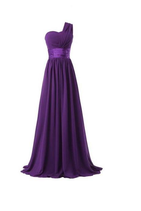 Women Elegant Fashion One Shoulder A Line Chiffon Long Bridesmaid Dress - Purple