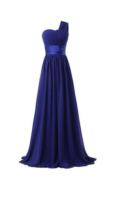 Women Elegant Fashion One Shoulder A Line Chiffon Long Bridesmaid Dress - Blue