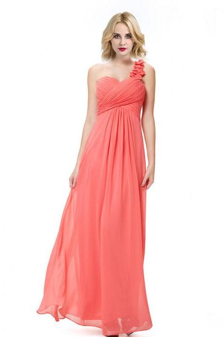 Fashion Women Flower One Shoulder Chiffon Padded Long Bridesmaid Dress - Watermelon Red