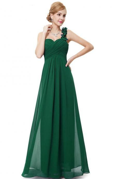 Fashion Women Flower One Shoulder Chiffon Padded Long Bridesmaid Dress - Green