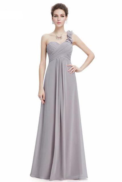 Fashion Women Flower One Shoulder Chiffon Padded Long Bridesmaid Dress - Grey