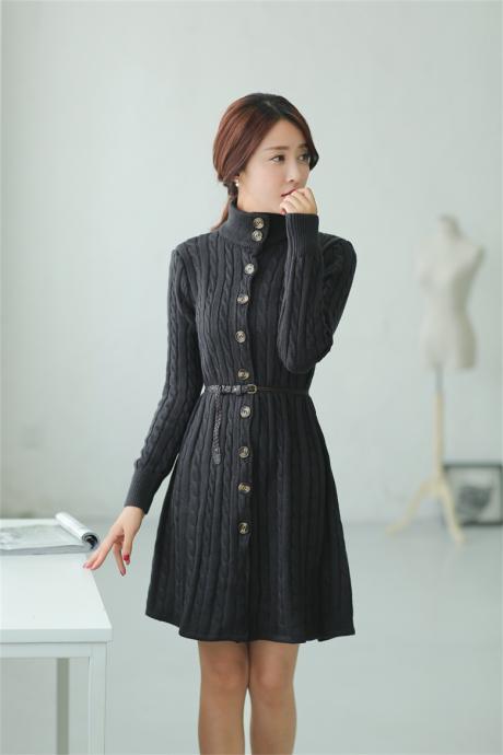 Elegance Womens Winter Autumn Knitted Long Sweater Dress - Dark Grey