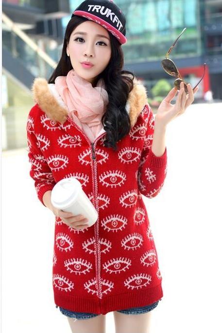Winter Women Sweater Coat Long Sleeve Hooded Knitted Cardigan Women Sweater Warm Slim - Red