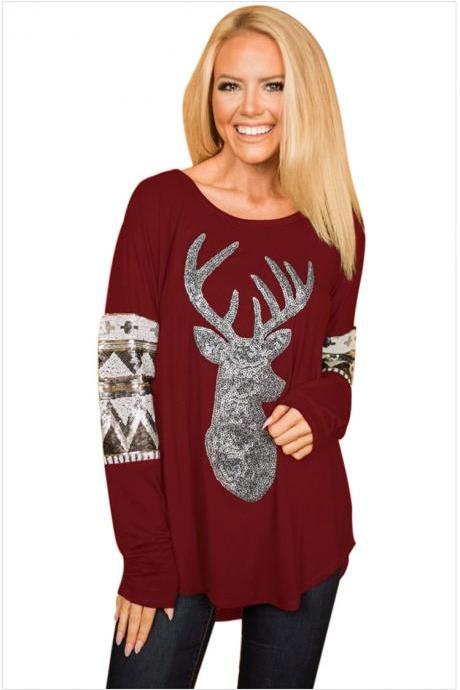 Cute Sequins Christmas Deer Design Red Long Sleeve Top
