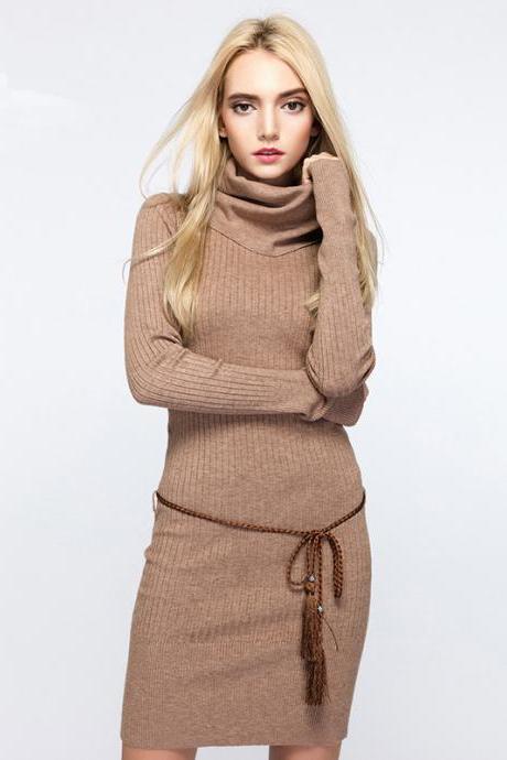 Stylish Knitted Long Sleeve Bodycon Sweater Dress （Without Belt) - Khaki