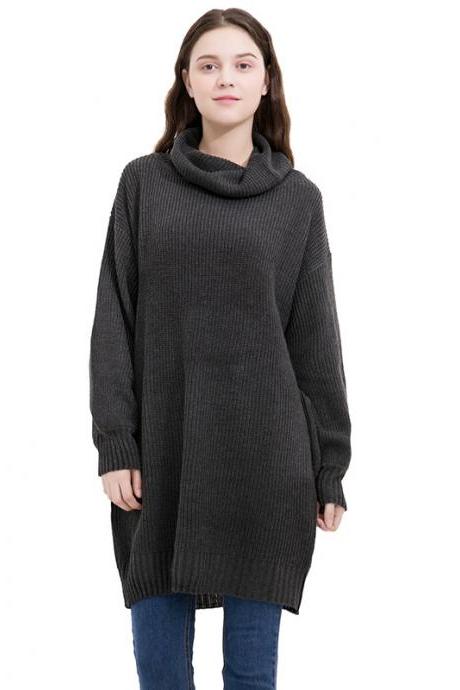 Fashion High Neck Long Sleeve Loose Sweater Dress - Black