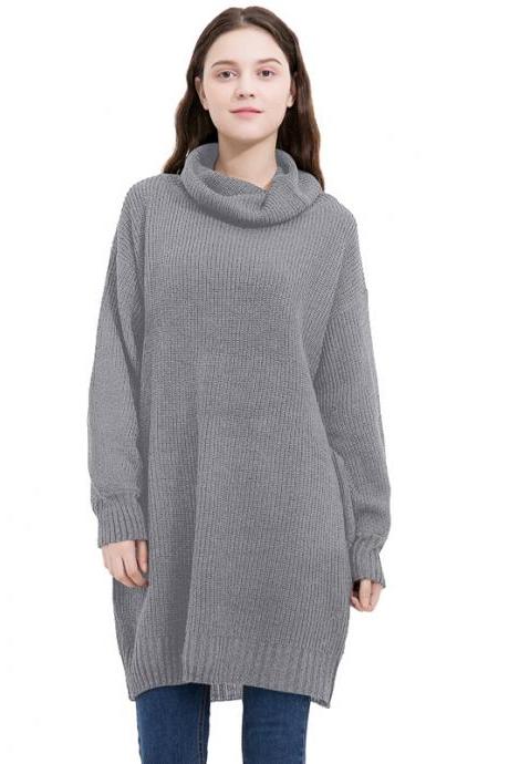 Fashion High Neck Long Sleeve Loose Sweater Dress - Grey