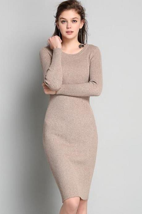 Knitted Crew Neck Long Sleeves Knee Length Sweater Dress