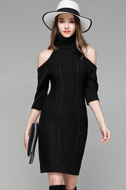 Black Knitted Turtleneck Cold-Shoulder Half Sleeves Short Sweater Dress