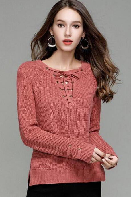 Knit Lace-up Plunge V Long Sleeves Sweater In Watermelon Red