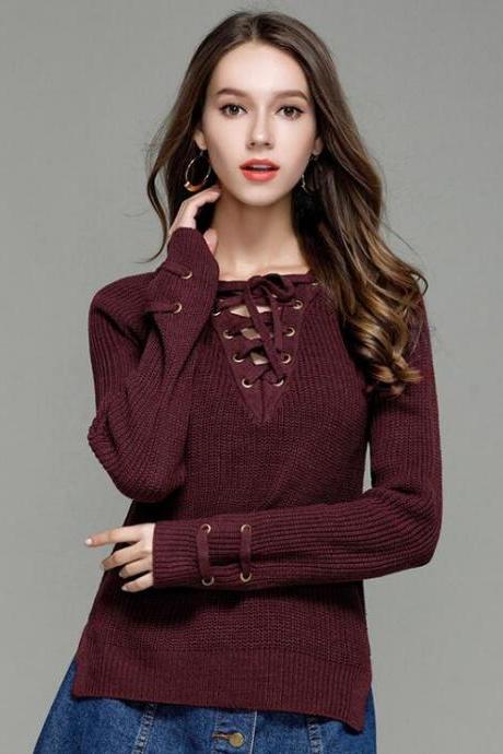 Burgundy Knitted Lace-up Plunge V Sweater Featuring Long Sleeves And Slits