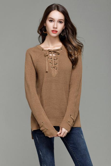 Brown Knitted Lace-up Long Cuffed Sleeves Sweater Featuring Slits