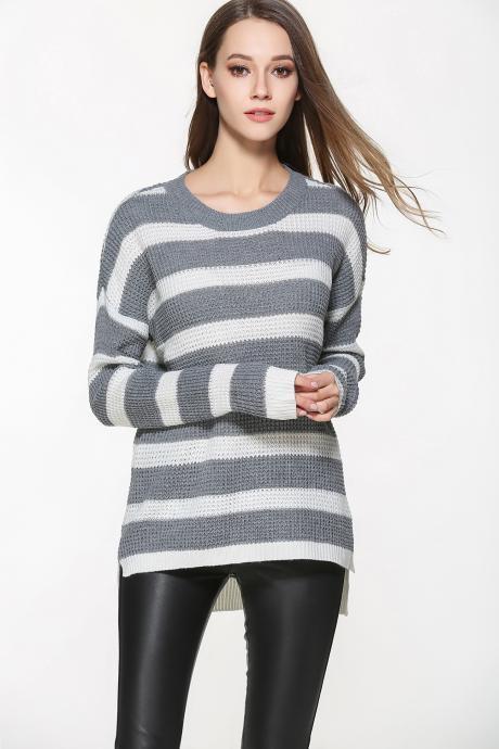 Grey and White Knit Crew Neck Long Cuffed Sleeves Sweater Featuring High Low Hem 