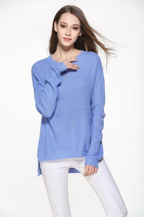 Fashion Casual Loose Knitting Pullover Sweater - Blue