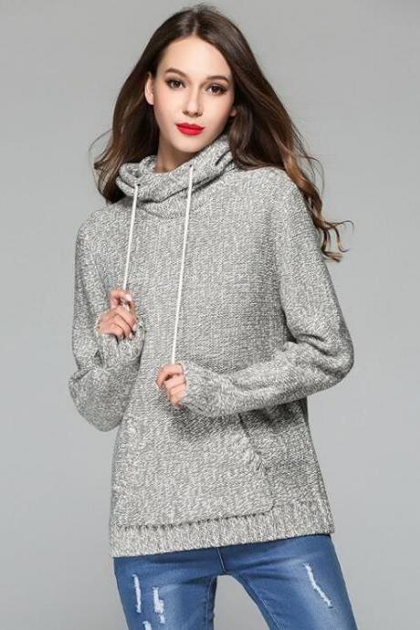 Knitted Hooded Long Cuffed Sleeves Sweater 