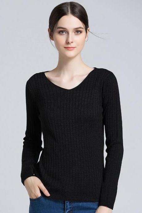 Black Ribbed Knit Plunge V Long Sleeves Sweater 