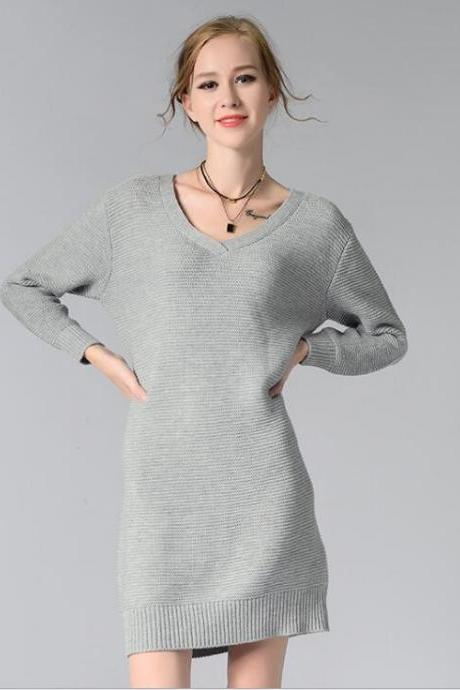 Grey Knitted Plunge V Long Cuffed Sleeves Short Sweater Dress 