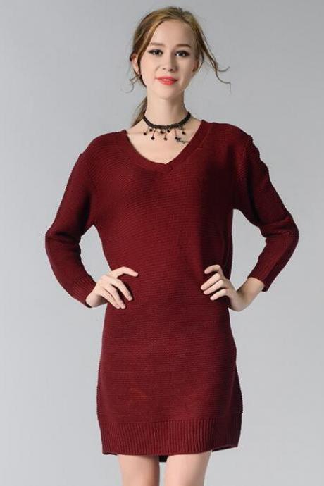 Burgundy Knitted Plunge V Long Cuffed Sleeves Short Shift Sweater Dress 