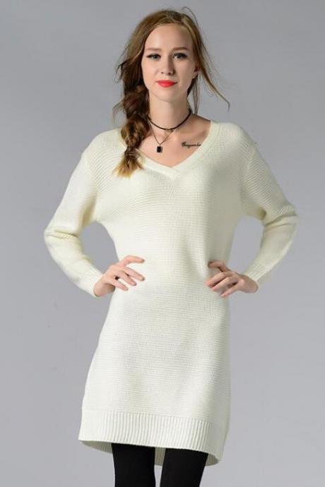 Knitted Plunge V Long Cuffed Sleeves Short Sweater Dress 
