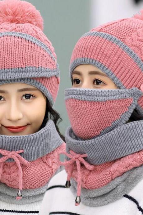 Fashion Winter Hedging Cap Scarf Suit Knit Hats - Pink