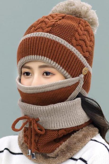 Fashion Winter Hedging Cap Scarf Suit Knit Hats - Coffee