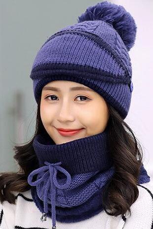Fashion Winter Hedging Cap Scarf Suit Knit Hats - Blue
