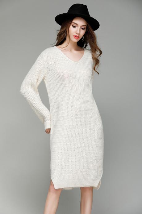 New Long V Collar Loose Big Size Knitted Sweater Dress - White