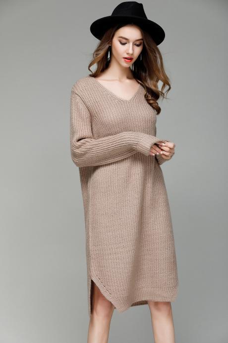 New Long V Collar Loose Big Size Knitted Sweater Dress - khaki
