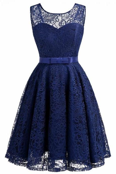 Women Sleeveless Lace Party Dress A-Line Dress - Dark Blue