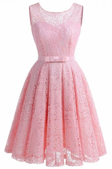 Women Sleeveless Lace Party Dress A-line Dress - Pink