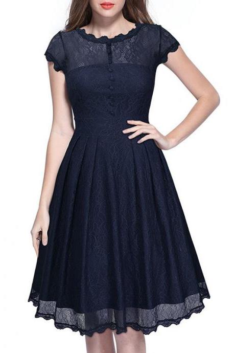 Women's Retro Short Sleeve Lace Slim Party Dress - Dark Blue